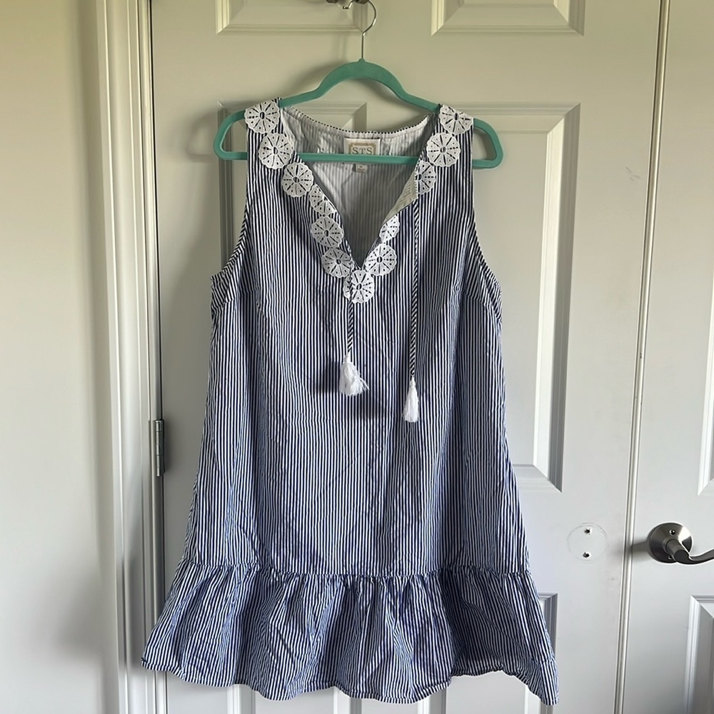 Sail to Sable Navy and White Striped Sleeveless Crochet-Trim Dress - Picture 3 of 11